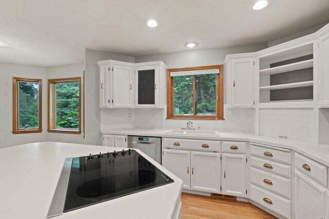 13419 N Whitehouse Ct, Spokane, WA 99208 - kitchen featuring dishwasher, black electric cooktop, open shelves, white cabinets, and light countertops