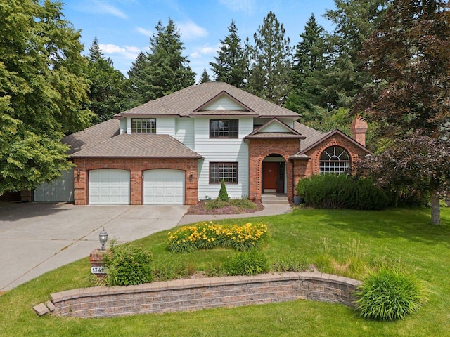 13419 N Whitehouse Ct, Spokane, WA 99208 - traditional home with concrete driveway, an attached garage, a front lawn, brick siding, and a shingled roof