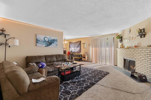 11816-11818 N Wall St, Spokane, WA 99218 - carpeted living room featuring a textured ceiling and a brick fireplace