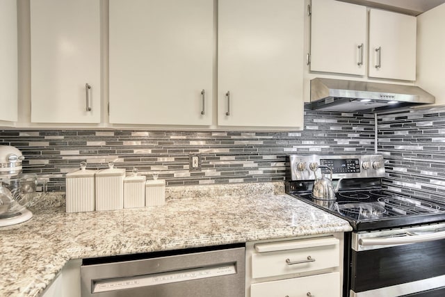 1026 W Bellwood Dr, Spokane, WA 99218 - kitchen with stainless steel appliances, range hood, tasteful backsplash, white cabinetry, and light stone counters