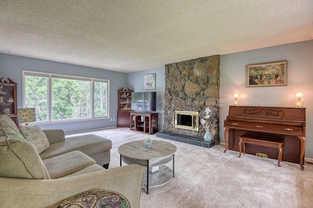 1026 W Bellwood Dr, Spokane, WA 99218 - living room featuring a textured ceiling, carpet floors, and a fireplace