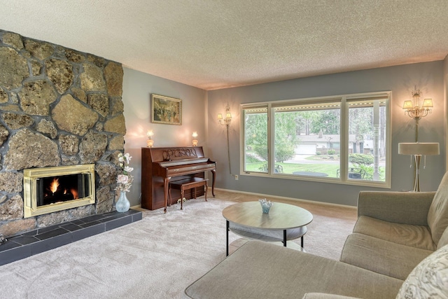 1026 W Bellwood Dr, Spokane, WA 99218 - living area with carpet floors, a textured ceiling, and a fireplace