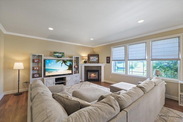 1716 W Country Hunt Ln, Spokane, WA 99224 - living area featuring crown molding, wood finished floors, a lit fireplace, and recessed lighting