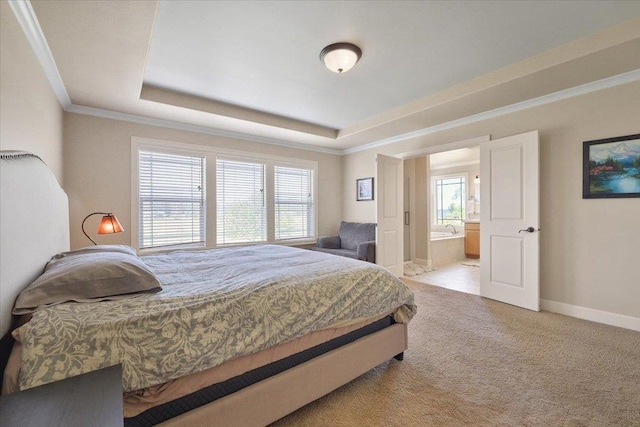 1716 W Country Hunt Ln, Spokane, WA 99224 - carpeted bedroom featuring a raised ceiling, crown molding, and connected bathroom
