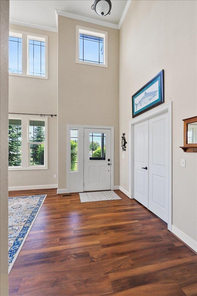 1716 W Country Hunt Ln, Spokane, WA 99224 - entryway with ornamental molding, a high ceiling, plenty of natural light, and wood finished floors