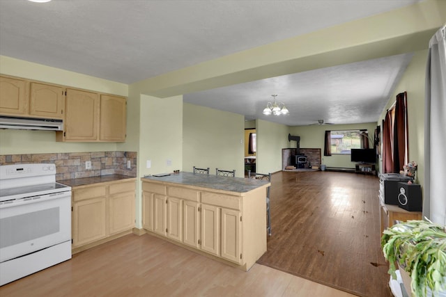 42503 N Regal Rd, Elk, WA 99009 - kitchen featuring white electric range oven, a wood stove, range hood, a peninsula, and light wood finished floors