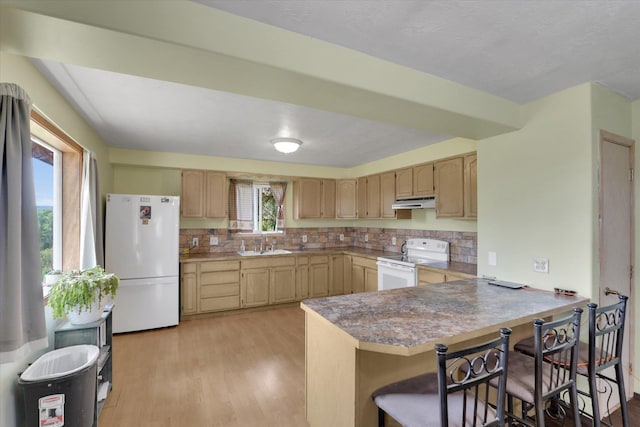 42503 N Regal Rd, Elk, WA 99009 - kitchen with white appliances, light brown cabinetry, light wood-type flooring, backsplash, and a peninsula