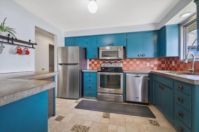 5318 N Walnut St, Spokane, WA 99205 - kitchen featuring appliances with stainless steel finishes, decorative backsplash, and blue cabinets
