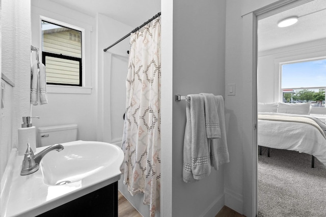 411 S Ferrall St, Spokane, WA 99202 - bathroom with connected bathroom, curtained shower, wood finished floors, and vanity