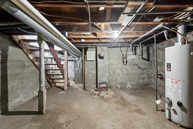 411 S Ferrall St, Spokane, WA 99202 - unfinished basement with water heater, heating unit, and stairway