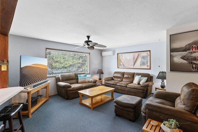 6519I Myrtle Dr, Nine Mile Falls, WA 99026 - carpeted living room with a wall unit AC, ceiling fan, and a textured ceiling