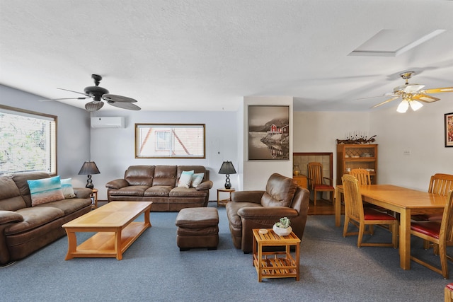 6519I Myrtle Dr, Nine Mile Falls, WA 99026 - carpeted living area featuring ceiling fan, an AC wall unit, and a textured ceiling