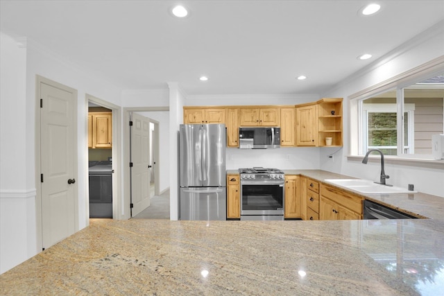 13306 N Muzzy Rd, Newman Lake, WA 99025 - kitchen with appliances with stainless steel finishes, crown molding, open shelves, recessed lighting, and light stone countertops