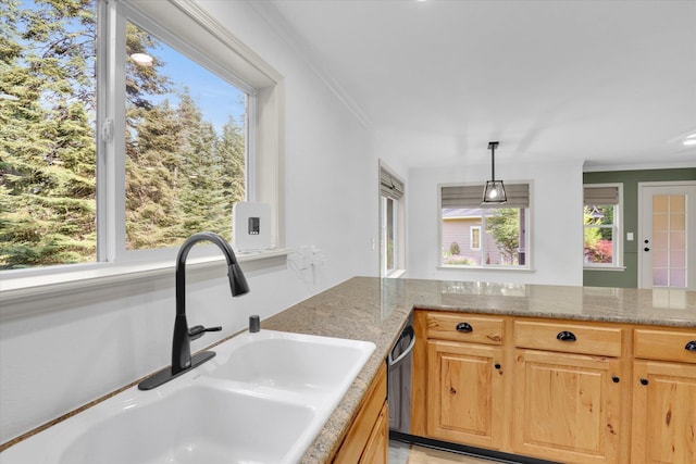 13306 N Muzzy Rd, Newman Lake, WA 99025 - kitchen featuring decorative light fixtures, crown molding, light stone countertops, and dishwasher