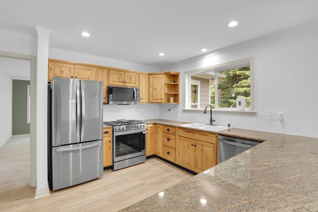 13306 N Muzzy Rd, Newman Lake, WA 99025 - kitchen featuring appliances with stainless steel finishes, crown molding, light stone countertops, recessed lighting, and open shelves