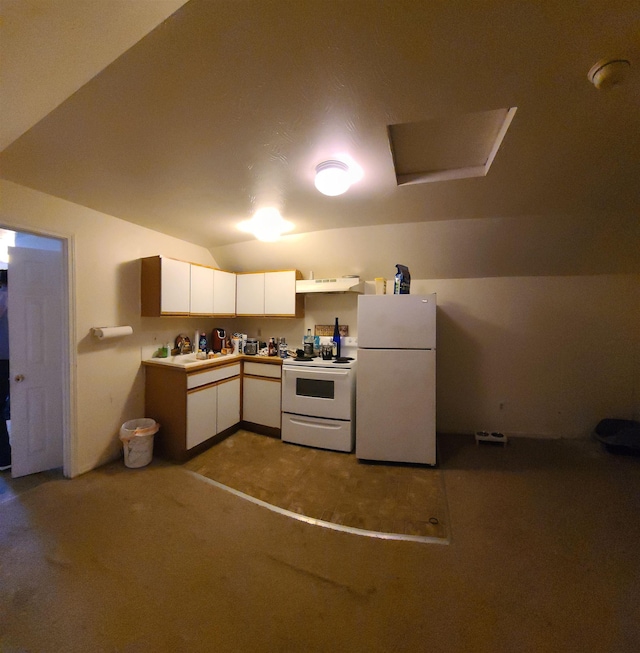 2613 W Gardner Ave, Spokane, WA 99201 - kitchen featuring white appliances, under cabinet range hood, carpet, white cabinetry, and lofted ceiling