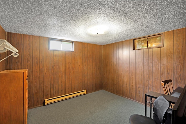3511 W Francis Ave, Spokane, WA 99205 - below grade area with baseboard heating, a textured ceiling, wood walls, and carpet