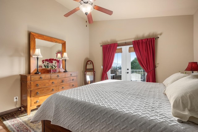 2820 S Galway Ln, Spokane Valley, WA 99037 - bedroom featuring access to exterior, french doors, vaulted ceiling, a ceiling fan, and wood finished floors