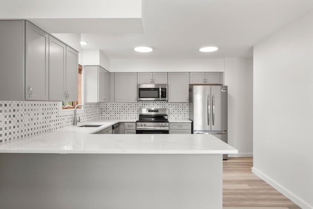 17 E 34th Ave, Spokane, WA 99203 - kitchen featuring appliances with stainless steel finishes, gray cabinets, decorative backsplash, a peninsula, and recessed lighting
