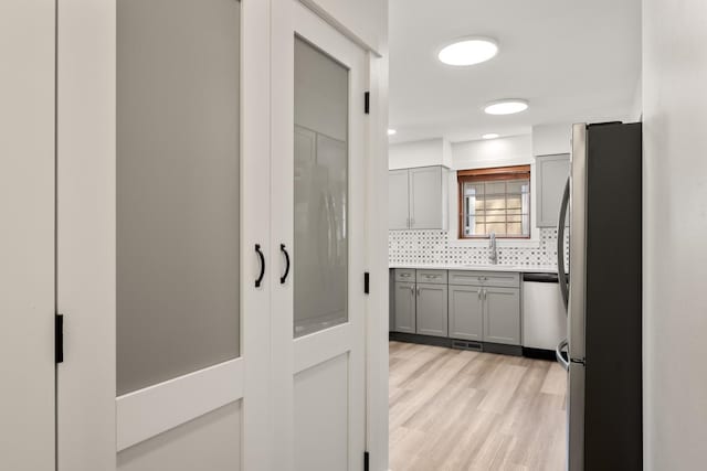 17 E 34th Ave, Spokane, WA 99203 - kitchen with stainless steel appliances, gray cabinetry, decorative backsplash, light wood finished floors, and light countertops