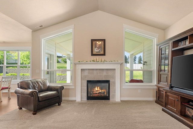9302 W Floyd Dr, Cheney, WA 99004 - living area with vaulted ceiling, a fireplace, plenty of natural light, and light colored carpet