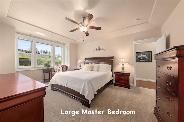 9302 W Floyd Dr, Cheney, WA 99004 - bedroom with a raised ceiling, carpet, and ceiling fan