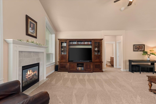 9302 W Floyd Dr, Cheney, WA 99004 - living area featuring carpet flooring, a tiled fireplace, and ceiling fan