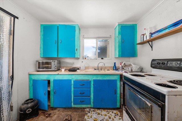 1111 W Main Ave, Chewelah, WA 99109 - kitchen with range with electric cooktop, blue cabinetry, ornamental molding, light countertops, and open shelves
