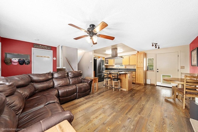 24404 E Roxanne Ave, Newman Lake, WA 99025 - living room featuring ceiling fan, dark wood-style flooring, and a textured ceiling