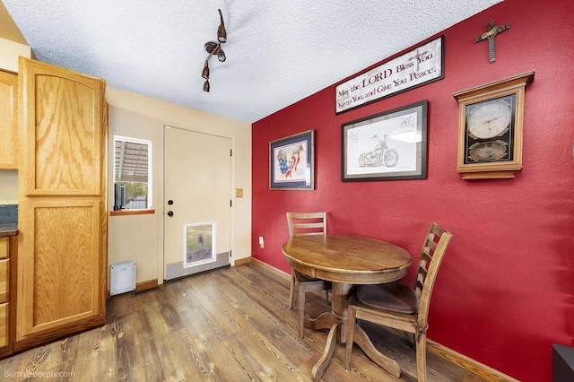 24404 E Roxanne Ave, Newman Lake, WA 99025 - dining space with wood finished floors, a textured ceiling, and rail lighting