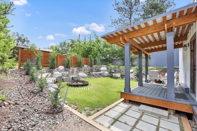 14417 N Dakota Rd, Spokane, WA 99208 - fenced yard with a wooden deck, an outdoor fire pit, and a patio area