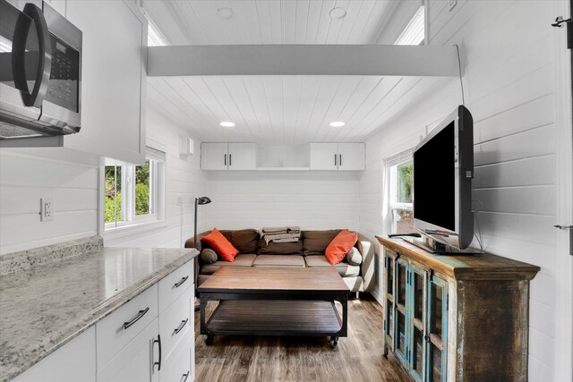14417 N Dakota Rd, Spokane, WA 99208 - living area featuring wood finished floors, wood ceiling, and recessed lighting