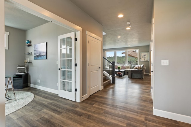 4513 S Crows Nest Ln, Spokane, WA 99206 - hallway with dark wood-style floors, stairway, recessed lighting, and a desk