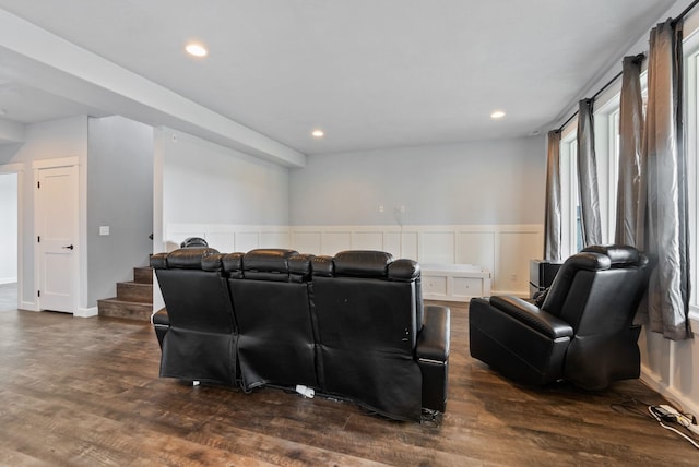 4513 S Crows Nest Ln, Spokane, WA 99206 - home theater room with dark wood-style floors, recessed lighting, and a wainscoted wall