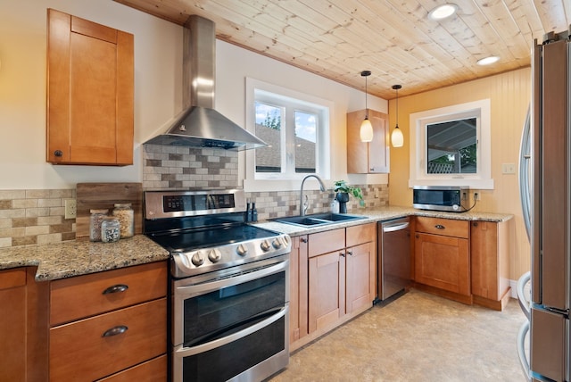 1315 N Hollis St, Spokane, WA 99201 - kitchen featuring stainless steel appliances, wall chimney range hood, wood ceiling, brown cabinetry, and backsplash