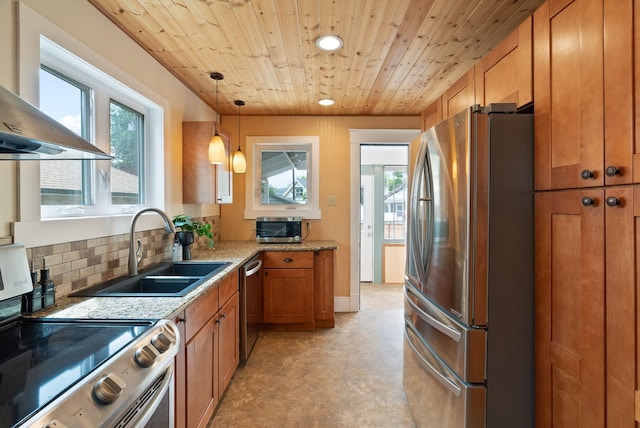 1315 N Hollis St, Spokane, WA 99201 - kitchen featuring appliances with stainless steel finishes, ventilation hood, brown cabinets, wood ceiling, and backsplash