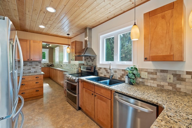 1315 N Hollis St, Spokane, WA 99201 - kitchen with appliances with stainless steel finishes, wall chimney range hood, tasteful backsplash, wood ceiling, and light stone countertops