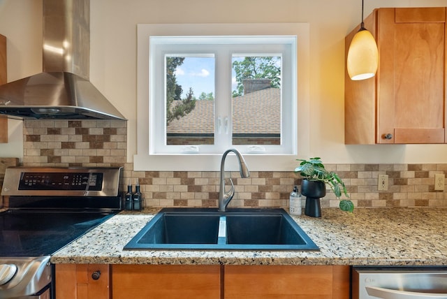 1315 N Hollis St, Spokane, WA 99201 - kitchen with wall chimney range hood, electric range, dishwasher, and tasteful backsplash