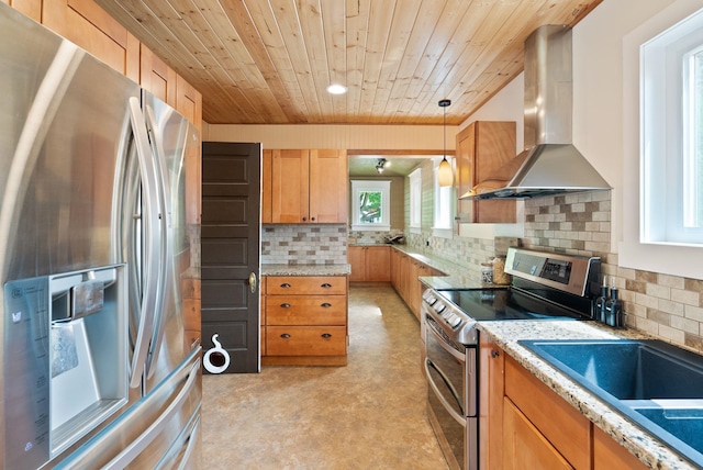 1315 N Hollis St, Spokane, WA 99201 - kitchen featuring stainless steel appliances, wall chimney exhaust hood, wooden ceiling, tasteful backsplash, and pendant lighting