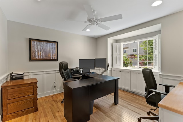 718 W Qualchan Ln, Spokane, WA 99224 - office space featuring light wood-style flooring, recessed lighting, ceiling fan, wainscoting, and a decorative wall
