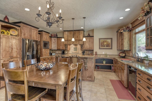 5908 N Bridget Rd, Spokane, WA 99208 - dining space featuring recessed lighting, light tile patterned floors, a textured ceiling, and a chandelier