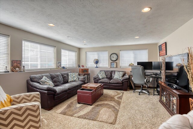 5908 N Bridget Rd, Spokane, WA 99208 - carpeted living area featuring a textured ceiling, plenty of natural light, and recessed lighting