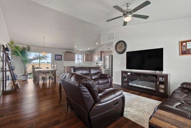 818 S Apple Pl, Spokane, WA 99224 - living room with vaulted ceiling, ceiling fan, dark wood-type flooring, and recessed lighting