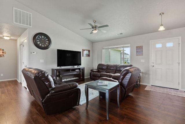 818 S Apple Pl, Spokane, WA 99224 - living room featuring vaulted ceiling, dark wood-style flooring, and a ceiling fan