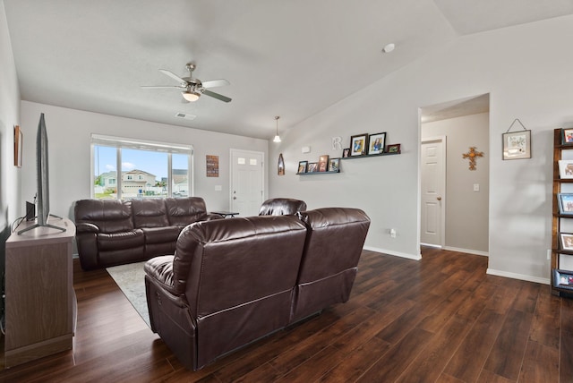818 S Apple Pl, Spokane, WA 99224 - living area featuring ceiling fan, lofted ceiling, and dark wood-style flooring