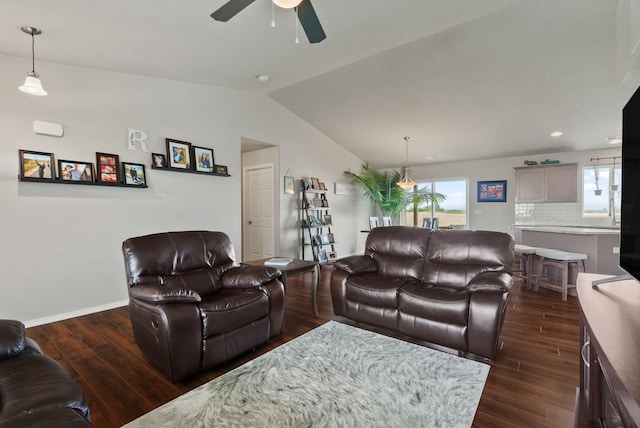 818 S Apple Pl, Spokane, WA 99224 - living room featuring ceiling fan, dark wood-style flooring, and vaulted ceiling