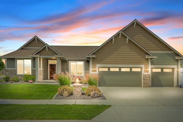 1418 S Cavalier St, Greenacres, WA 99016 - craftsman-style home with a garage, concrete driveway, a front yard, and stone siding