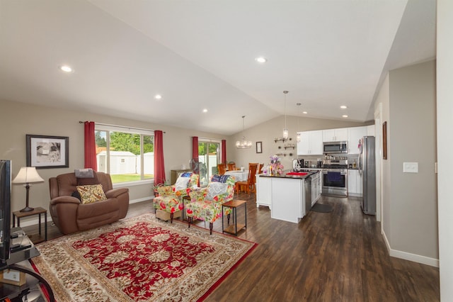 4017 E Hartson Ave, Spokane, WA 99202 - living room featuring lofted ceiling, dark wood-style flooring, a chandelier, and recessed lighting