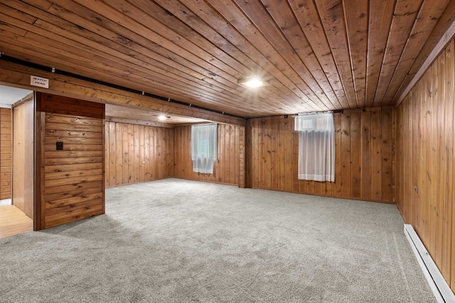 3918 E 8th Ave, Spokane, WA 99202 - carpeted empty room featuring baseboard heating, wooden ceiling, healthy amount of natural light, and wood walls