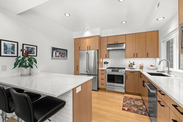 4408 E 23rd Ln, Spokane, WA 99223 - kitchen with appliances with stainless steel finishes, under cabinet range hood, a peninsula, light stone counters, and recessed lighting